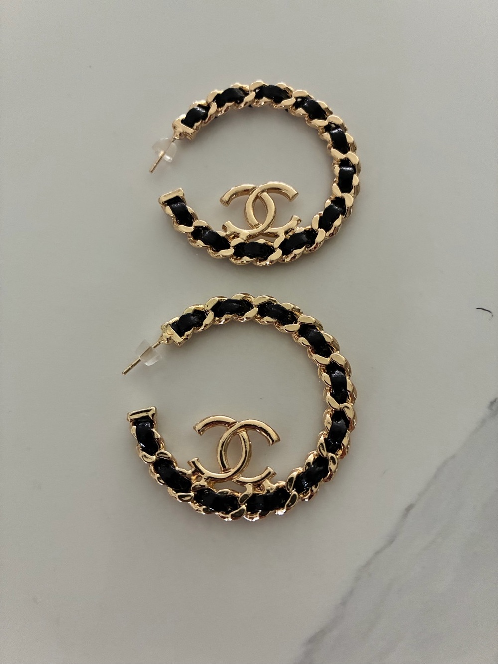 Gold & Black Braided Hoop Earrings with Interlocking Logo